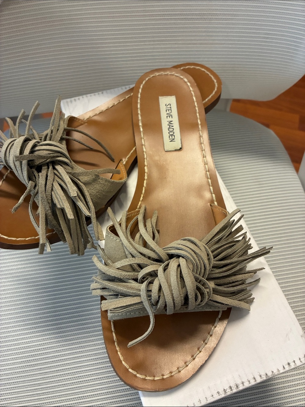 Steve Madden Taupe Suede Fringe Slide Sandals